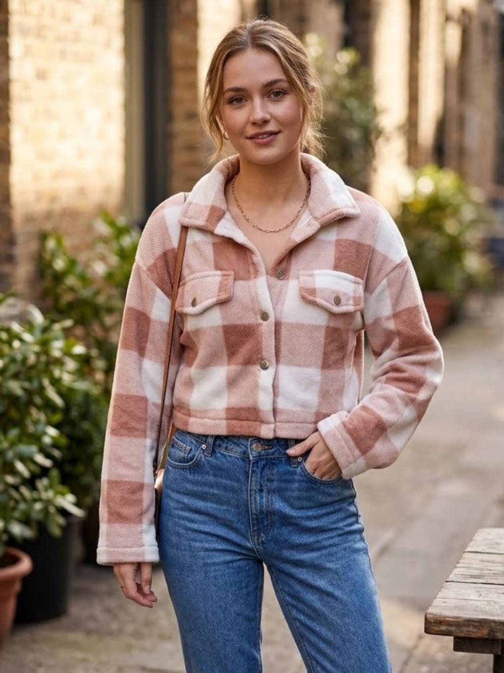 SHEIN Pink and White Checked Teddy Jacket